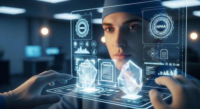 Medical Professional Interacting with Futuristic Digital Interface for HIPAA Compliance Patient Privacy and Secure Healthcare Data Management