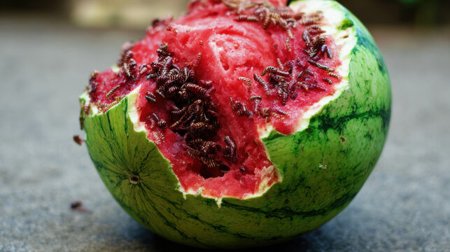 Rotten watermelon with torn rind and maggot infestation, highlighting decay and spoilage in fresh fruit.