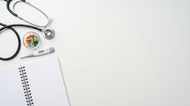 Medical Flat Lay Background with Stethoscope, Pills, Thermometer and Blank Notebook on White Desk