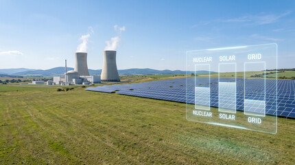 Obraz premium Hybrid energy production landscape featuring solar panels and nuclear power plant with digital grid interface