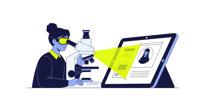 Modern Digital Background Check and Candidate Screening Illustration - Woman Using Microscope to Analyze User Data on Tablet