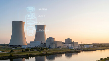 Fototapeta premium Nuclear Power Plant Facility at Sunset with Digital Energy Process Diagram Overlay