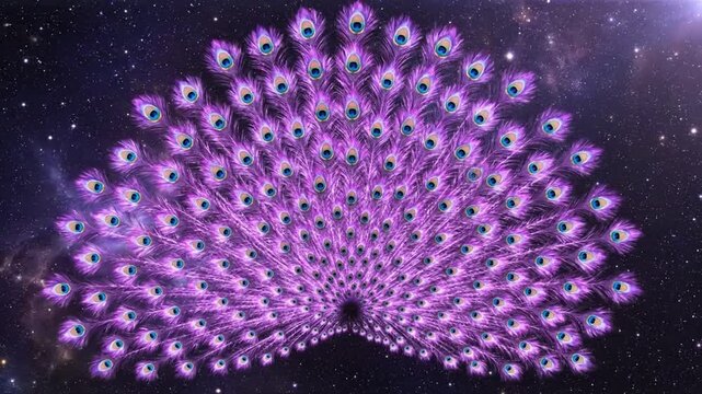 Majestic Purple Peacock Feathers Fan Out Like Celestial Gems in a Starry Cosmos