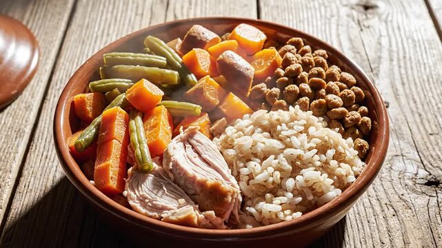 A hearty and healthy bowl of food featuring sliced turkey, brown rice, green beans, carrots, and chickpeas, presented in a rustic earthenware dish on a wooden surface.
