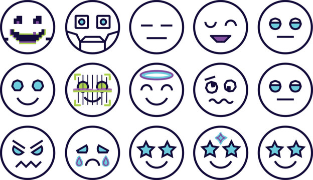 Futuristic digital cyberpunk emoji icon set vector illustration featuring glitch face robot angel halo neon star eyes facial expressions and tech avatar user symbols.