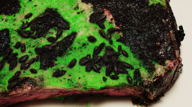 Spoiled steak turning green and black with a heavy maggot infestation, depicting severe food decay and contamination.