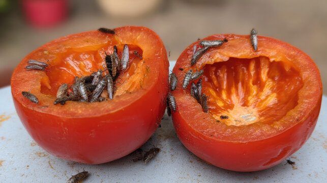 Tomato burst open showing maggots feeding inside the pulp, highlighting fruit infestation and decay damage.