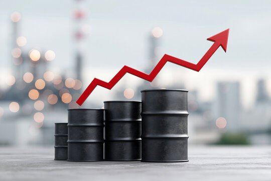 Black oil barrels rise in stacks. Red arrow points upward, signaling growth. Industrial backdrop blurs softly in background. Bright lights glow behind factory structures