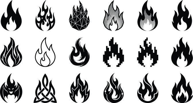 Collection of various fire and flame icons in multiple styles including tribal, pixel, geometric, and solid silhouettes for design