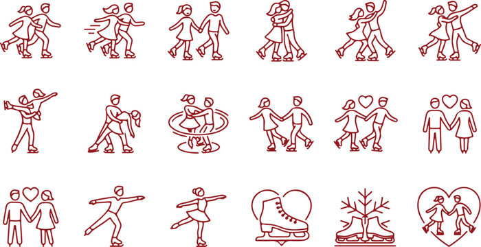 Set of cute couple ice skating icons and symbols in various romantic poses with hearts and snowflakes perfect for winter theme.