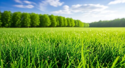 Fototapeta premium Vibrant green grass field with trees and blue sky background
