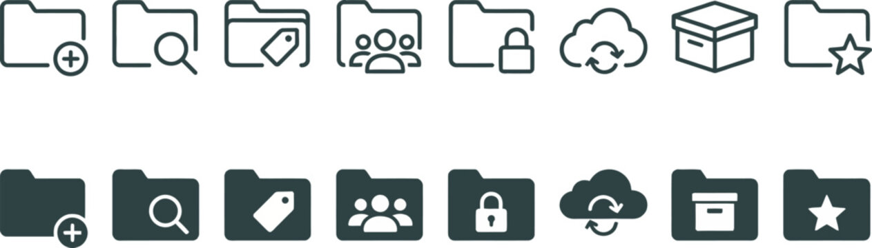 Set of folder featuring search, tags, user groups, security locks, cloud sync, and storage boxes in both outline and solid black styles