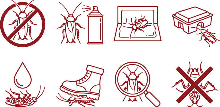 Cockroach pest control symbols set insect extermination danger warning sign bug spray and insecticide icons.