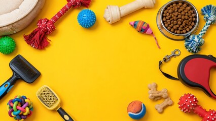 Obraz na płótnie Canvas Pet care essentials fun and interactive toys treats and grooming tools for pets home colorful arrangement flat lay style playfulness and care