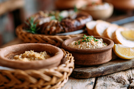 Warmly lit wooden table holds rustic bowls. Herb-dusted hummus and tahini sit beside lemon wedges. Slices of bread and roasted meats complete the spread. The scene evokes comfort and rich