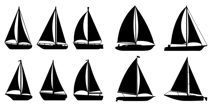 Black sailboat silhouette bundle featuring sailing vessels and yachts with clean vector style isolated for maritime themes, coastal graphics, travel concepts and decorative artwork