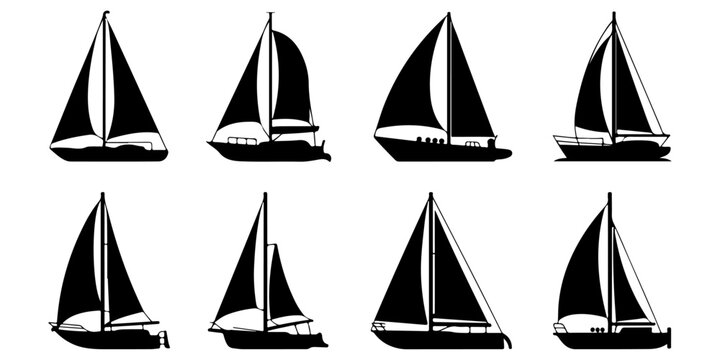 Black sailboat silhouette bundle featuring sailing vessels and yachts with clean vector style isolated for maritime themes, coastal graphics, travel concepts and decorative artwork