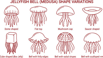 Jellyfish bell shape variations red outlines dome flat mushroom cap saucer cube frilly radial scalloped. © Sadhin