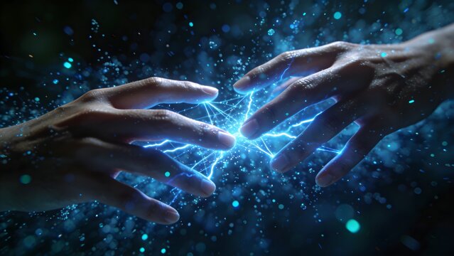 A CGI image featuring two human hands glowing with blue electricity, surrounded by sparkling light particles, symbolizing energy or power.