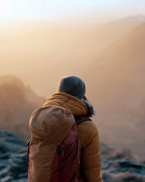 Hiker stands atop rugged peak at sunrise. Backpack straps press into warm, woolen coat. Distant mountains glow in golden haze. Silent awe fills the hiker's still, contemplative stance