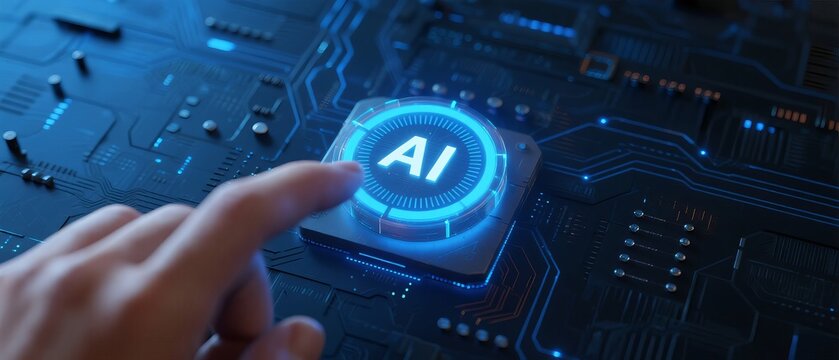 AI technology start button and circuit board scene