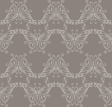 Seamless geometric pattern with lacy butterflies arranged in checkerboard pattern. White outline contour illustrations on color background. Line art. Elegant Art Nouveau style.