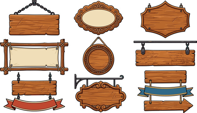 Vintage blank wooden sign collection with hanging boards metal chains ornate frames empty banners and directional arrow signs