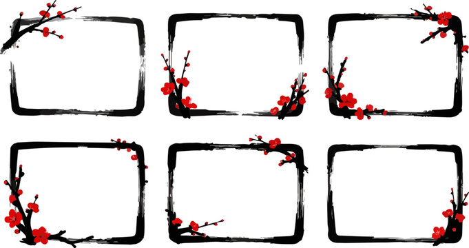 Cherry Blossom Frame Borders, Japanese Style Photo Frames, Floral Border Templates, Vector Illustration Set