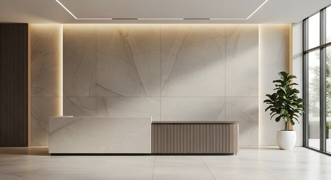 Modern minimalist reception desk in a luxury office lobby