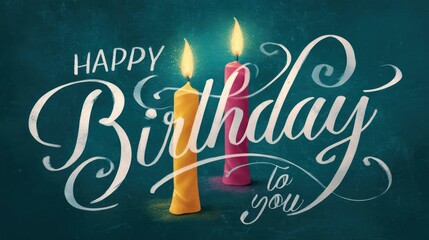 Obraz premium Elegant happy birthday greeting card with lit candles and swirling calligraphy on a dark teal background