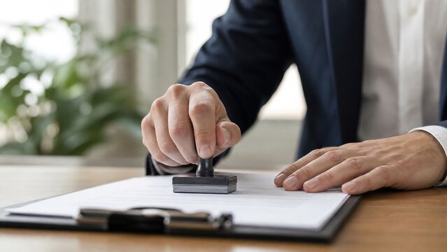 Signing important document with official stamp modern office professional photography indoor environment close-up view business operations and formalities