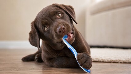 Obraz na płótnie Canvas Playful dog brushing teeth at home indoor pet care scene engaging animal behavior cozy living room environment close-up view fun and healthy habits for pets