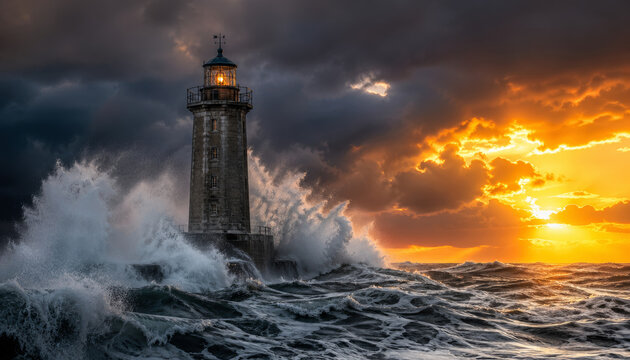 Majestic lighthouse standing tall against stormy ocean waves at sunset