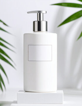 Frasco blanco de crema cosm&eacute;tica femenina con dispensador sobre fondo neutro con hojas verdes, recurso gr&aacute;fico para productos de higiene, cuidado corporal, belleza, hidrataci&oacute;n y bienestar
