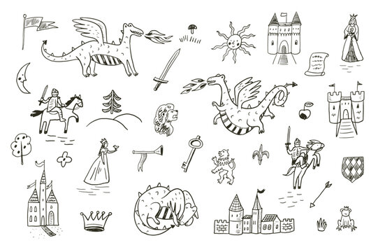 Cute Fairy Tale illustrations set with Dragons, Castles, Knights and Royal Symbols