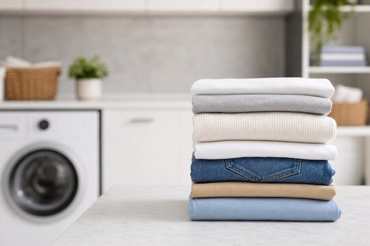 Organizing clean laundry piles in modern laundry room stylish home environment high-quality image minimalistic viewpoint home management concept for effective household organization