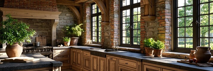 Fototapeta premium Rustic stone and wood kitchen with large windows overlooking a garden, featuring a stove and countertop