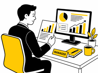 Fototapeta premium Business Analyst Reviewing Financial Charts on Desktop Computer at Office Desk, Flat Vector Illustration