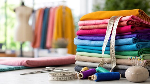 Creative sewing event featuring colorful fabrics and threads in a bright studio environment captured from a close-up viewpoint for enthusiasts and diy crafters