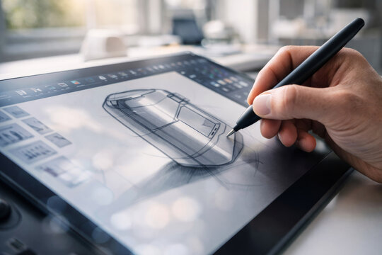 Designer sketching modern product concept on digital tablet screen