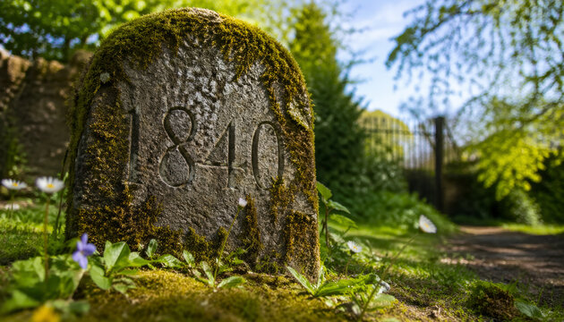 Vintage milestone stone with 1840 date covered in moss
