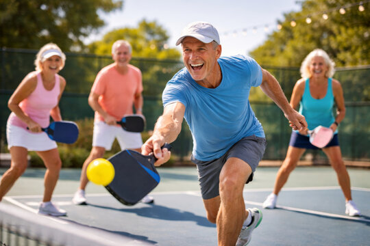 Group of seniors enjoying a fun game of pickleball outdoors