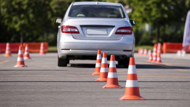 Car maneuvering practice driving course instructional event parking lot eye-level view skill development for safe driving techniques
