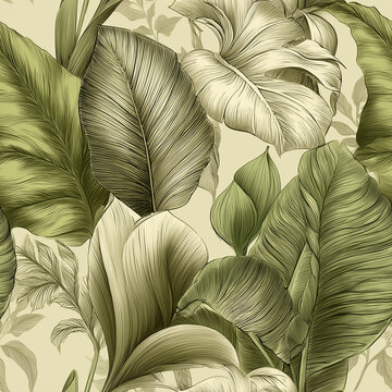 Seamless watercolor tropical leaf pattern with green banana foliage and elegant botanical background