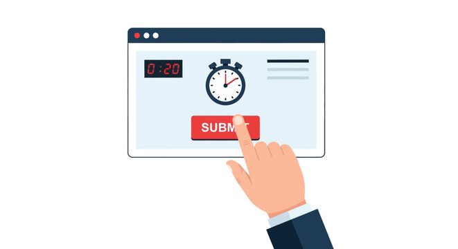 Person Clicking Submit Button on Web Interface with Countdown Timer and Stopwatch Illustration - Deadline and Time Urgency Concept