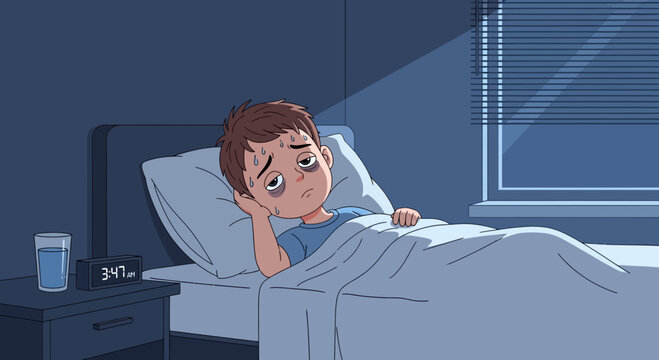 Insomniac Child Lying Awake In Bed, Representing Sleeplessness At Night And Exhaustion