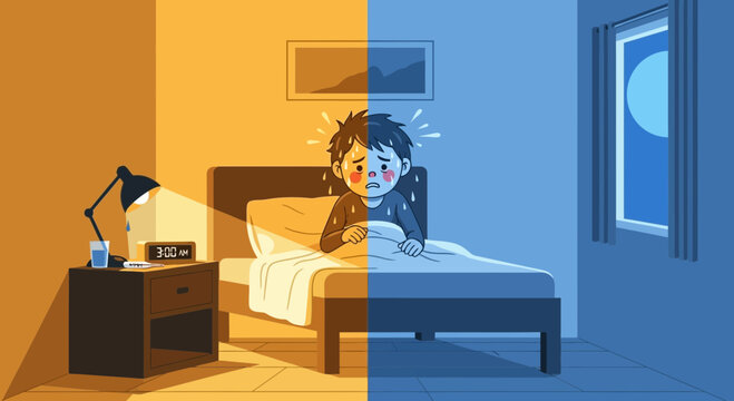Insomnia And Sleeplessness Shown In Bedroom At Night Depicting Wide Awake and Anxious