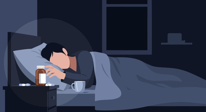 Insomniac Seeking Rest And Medication In The Dark Isolated Bedroom At Night