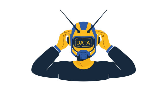 Futuristic Data Concept Illustration with Person Wearing Robotic Helmet and VR Visor
