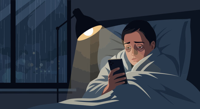 Insomniac Stares At Phone Screen Beneath Lamp Light During A Stormy Night